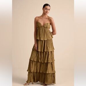 Lulus Kanya Gold Satin Plisse Tiered Maxi Wedding Guest Dress